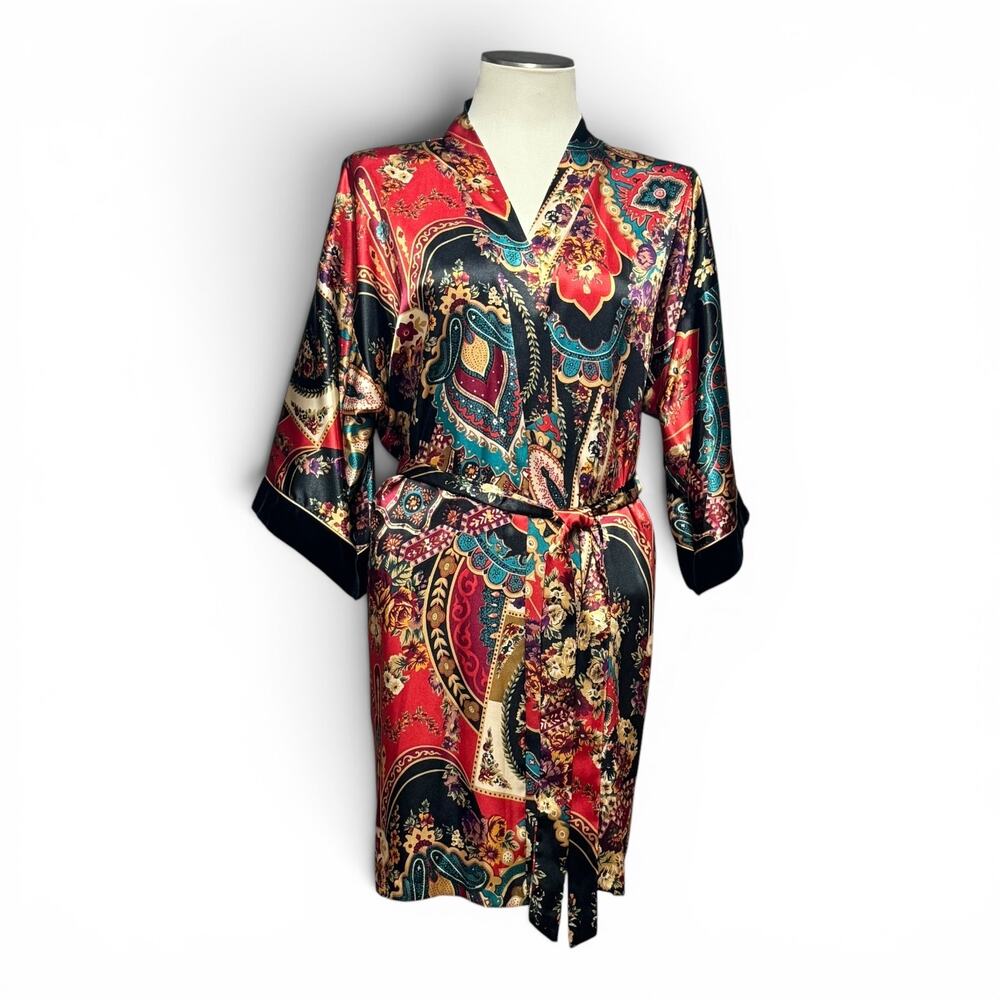 Inner Most Satin Velvet Short Mini Kimono Robe Black Red Gold Floral Large